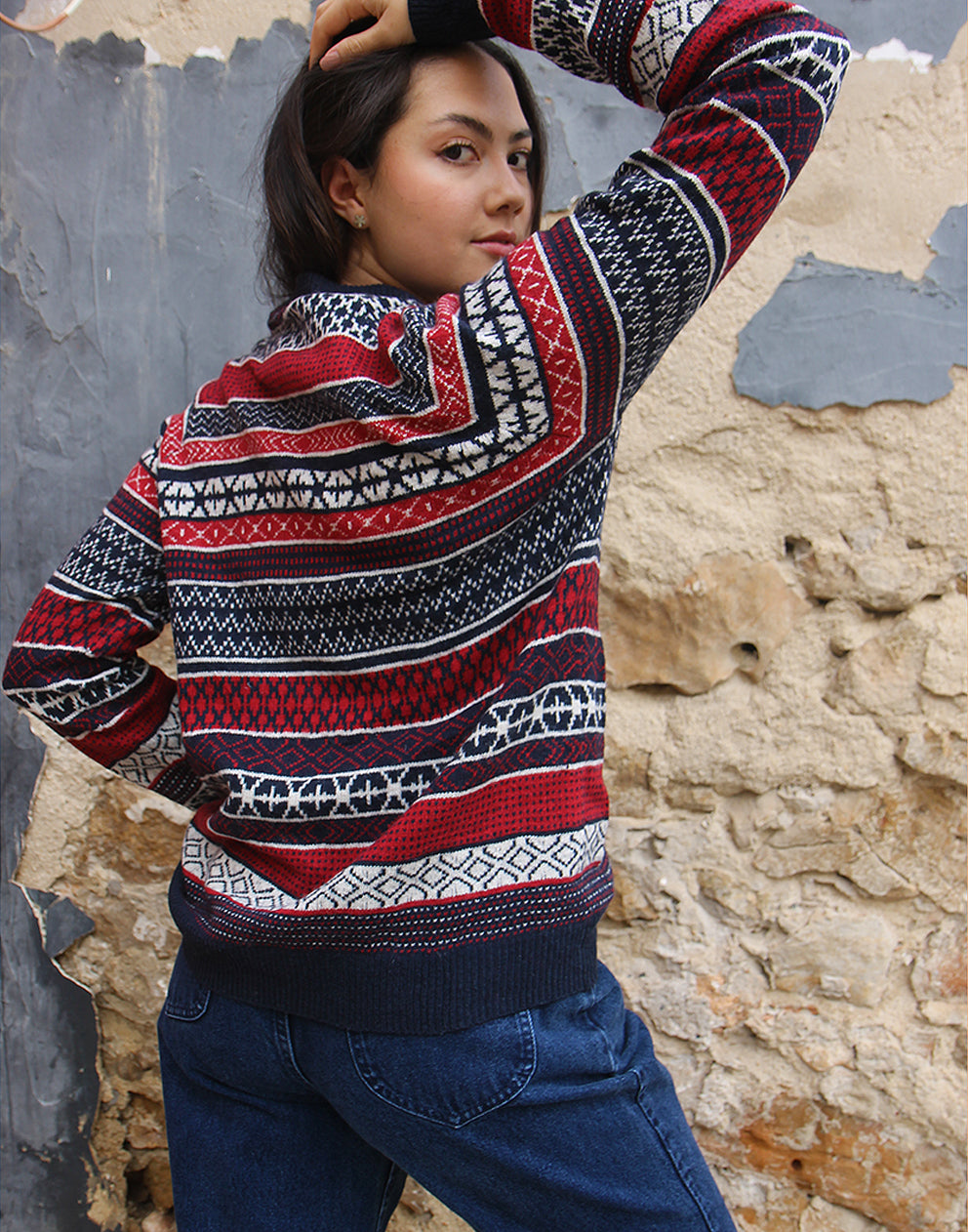 Navy Blue & Red Fair Isle Jumper