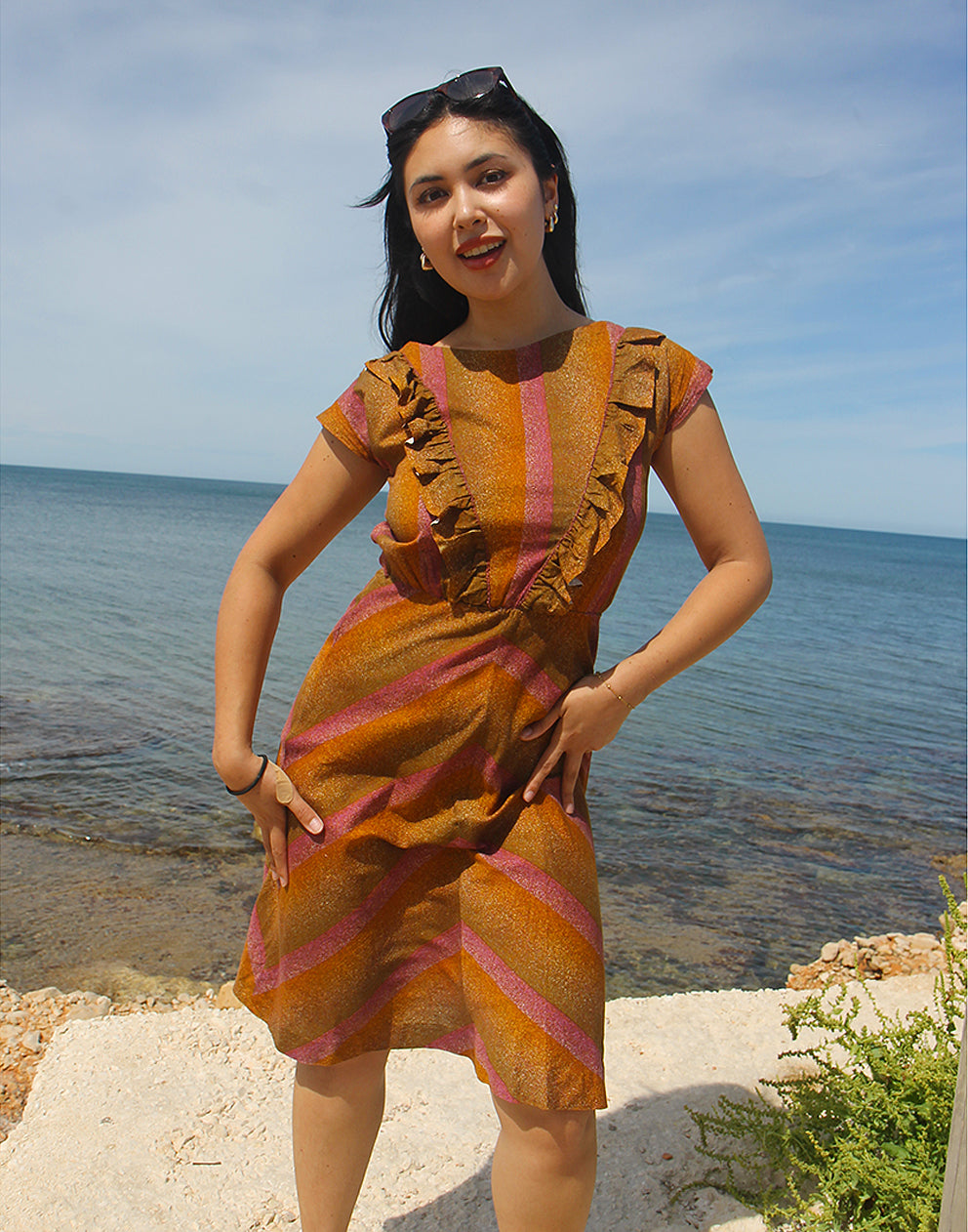 Retro Brown & Pink Stripe Dress - Vintage Dress