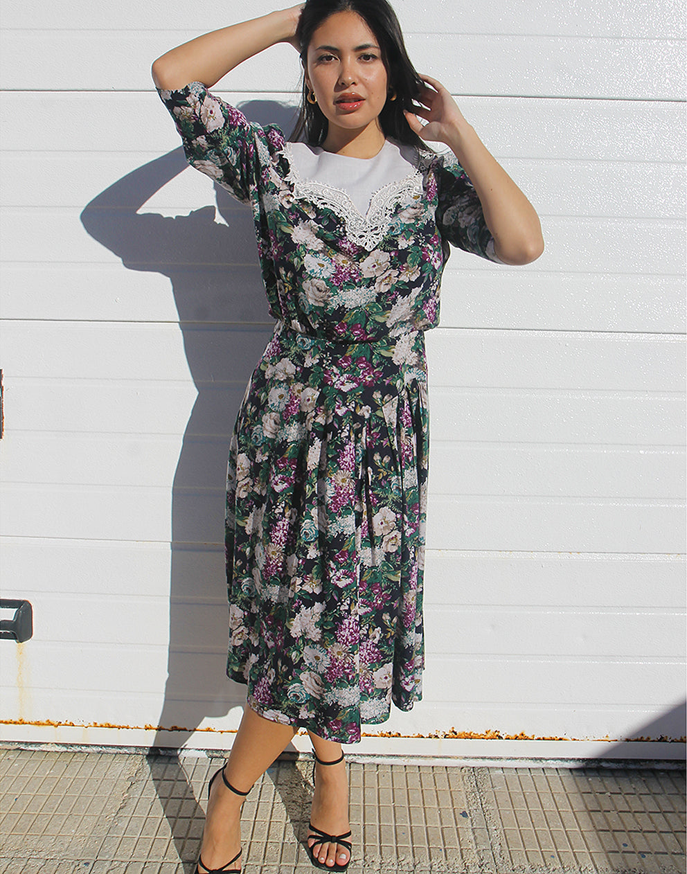 80s midi dress Floral Midi Dress – Vintage 80s Dress with Sleeves – La Vida Bohemia