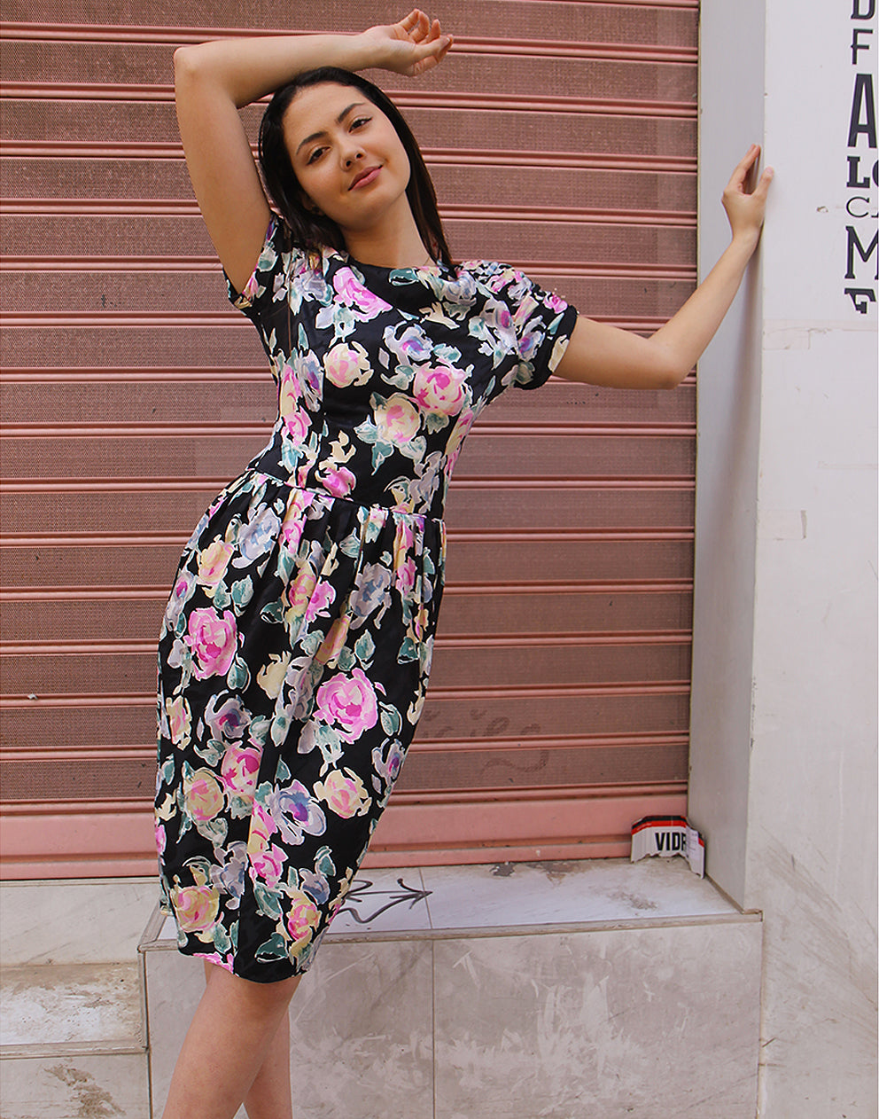Silk Dress in Black Floral Print