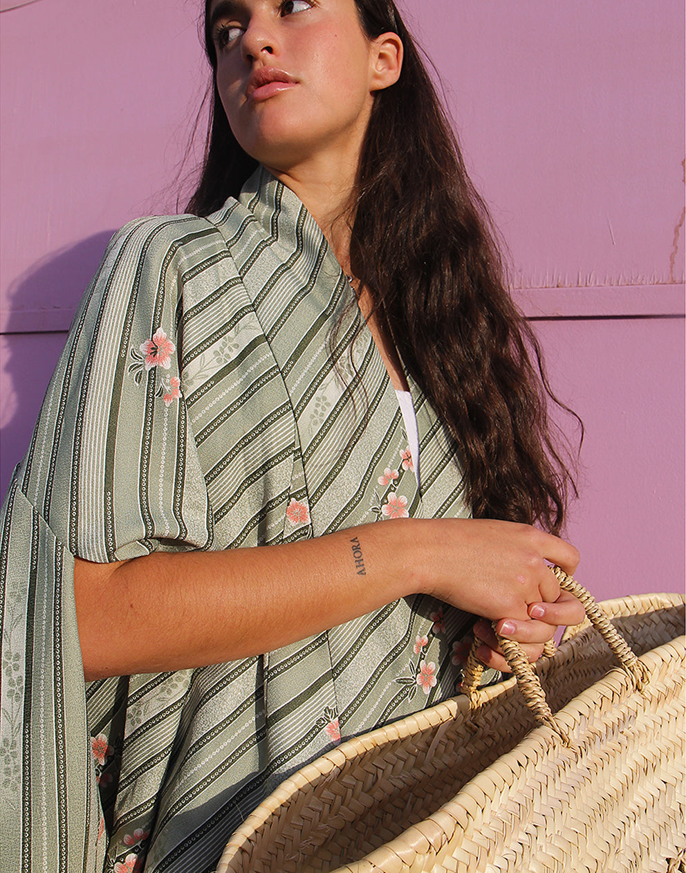 Vintage Green Striped Kimono Jacket with Pink Flowers La Vida