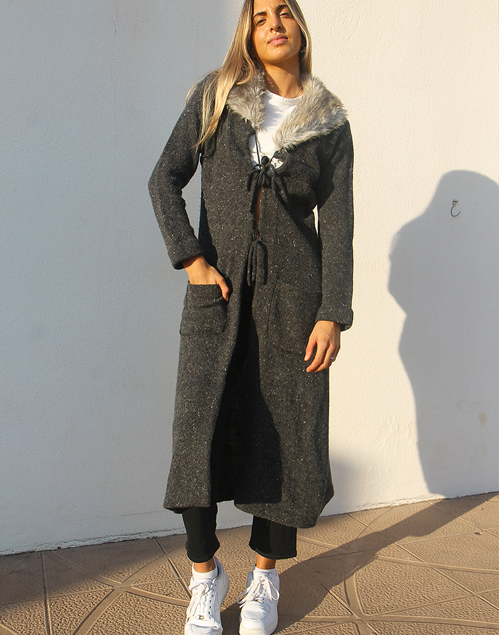 Grey cardigan hotsell with fur collar