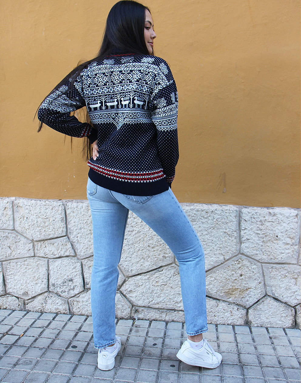 High Neck Jumper i Navy Blue Fair Isle Print