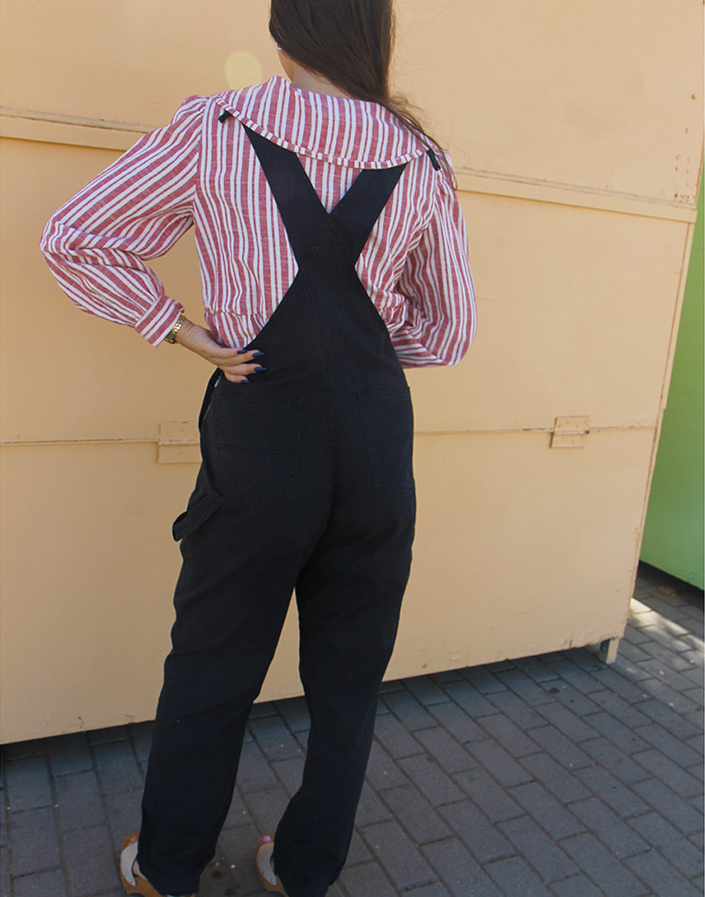 Black denim overalls for women