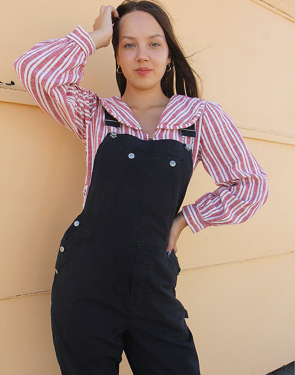 Black denim overalls for women