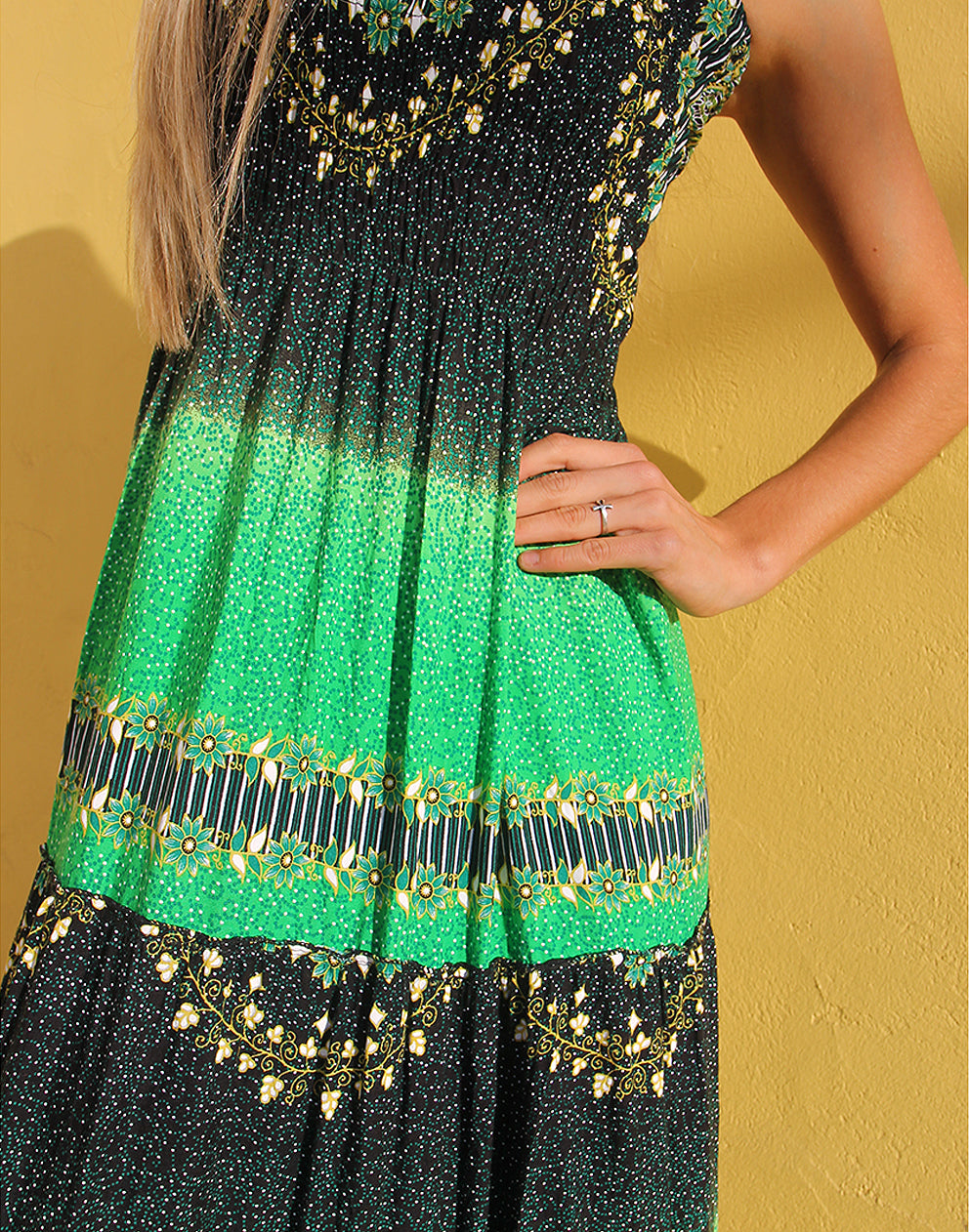 Long Boho Dress in Black & Green 