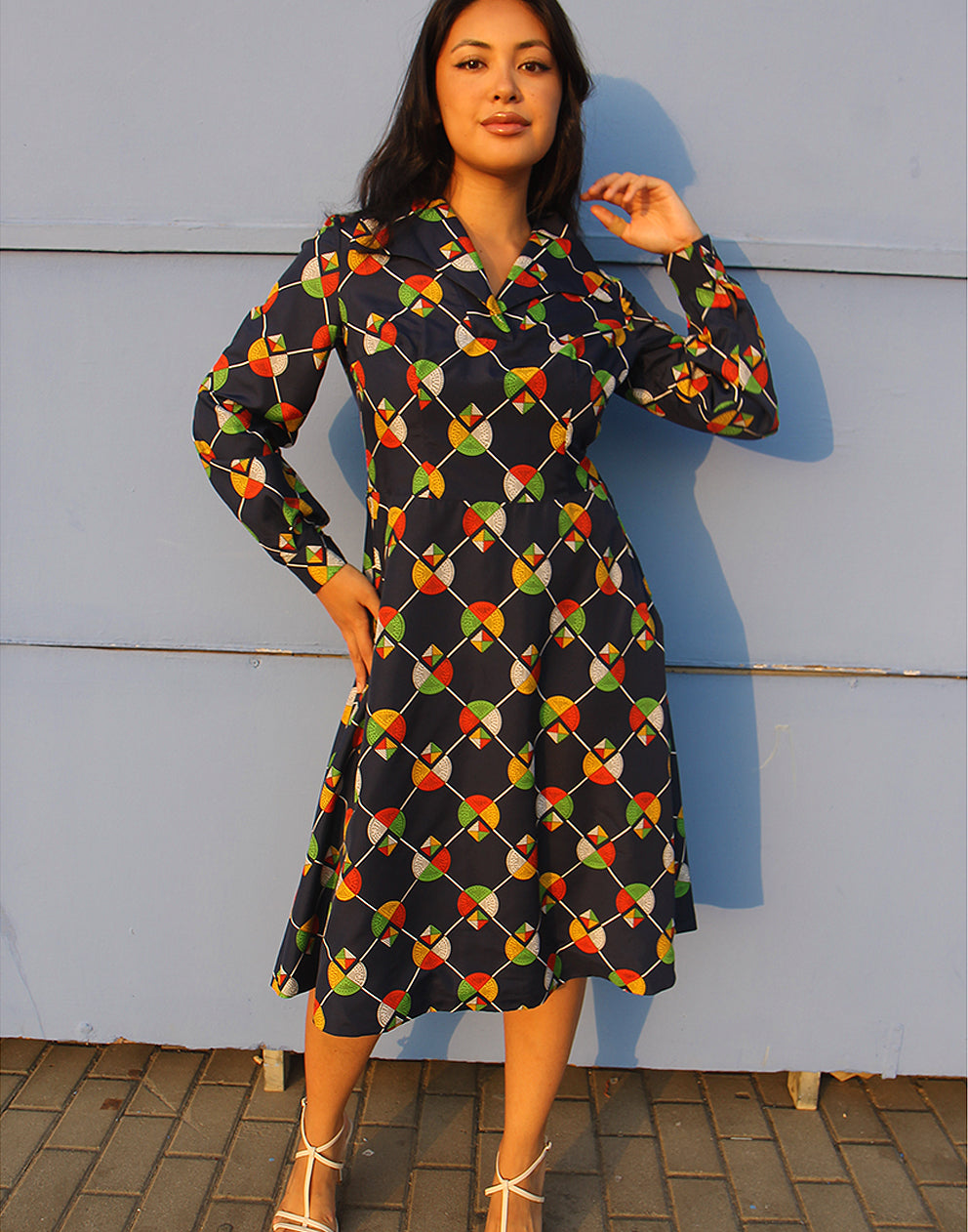 strapless open back dress 70s Vintage Retro Dress – Navy Blue Long Sleeve Midi – La Vida Bohemia
