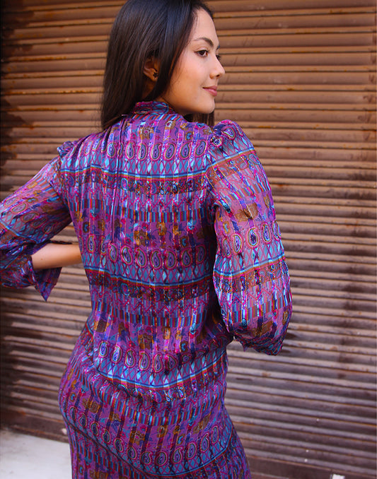 Long Sleeve Silk Dress in Purple