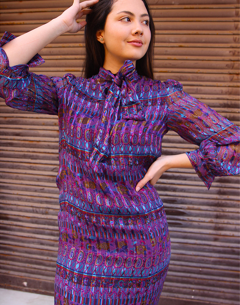 Long Sleeve Silk Dress in Purple
