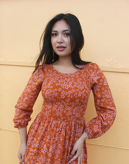 Orange Long Sleeve Midi Dress