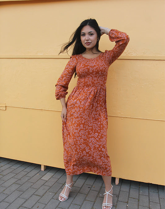 Orange Long Sleeve Midi Dress
