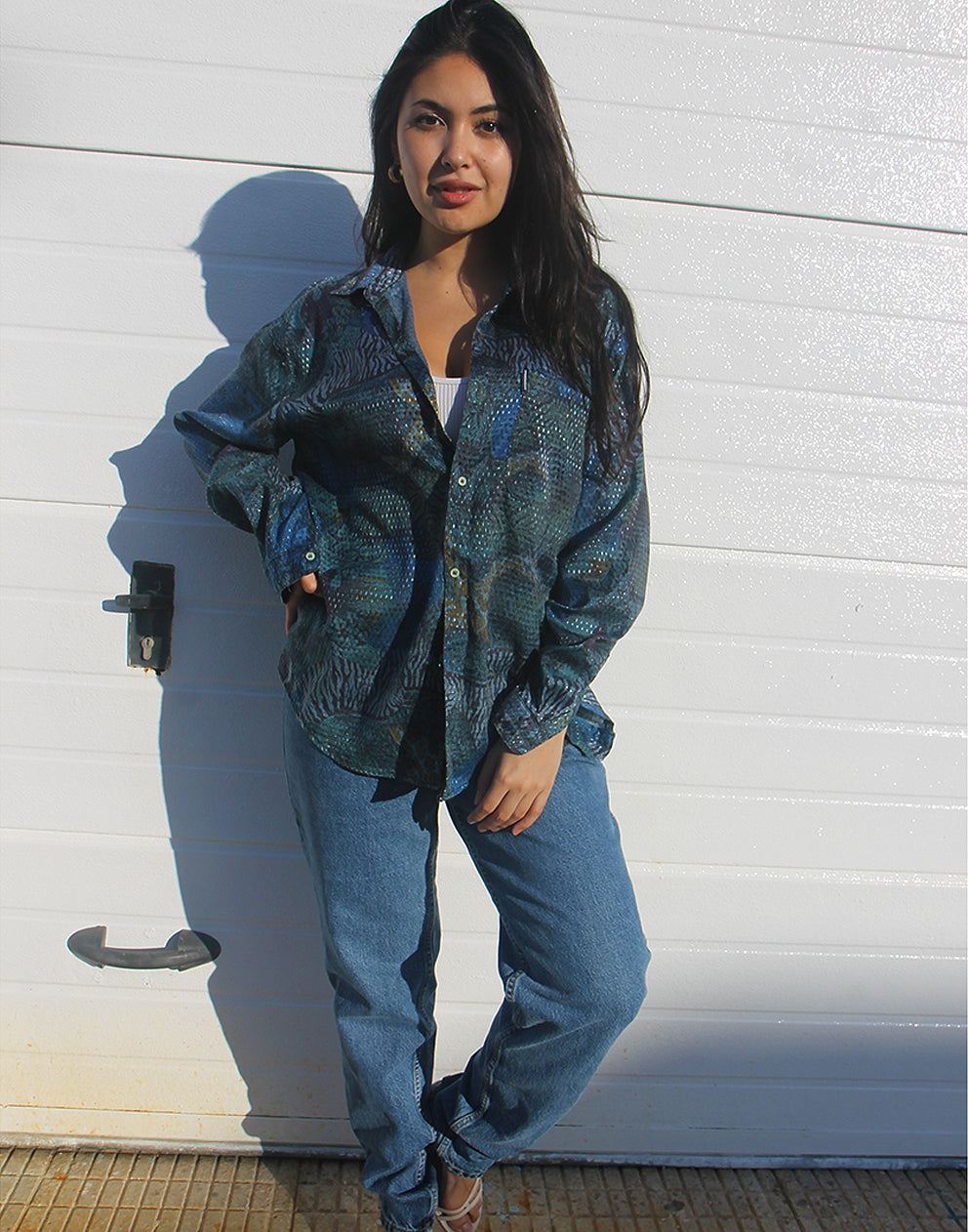 blue pattern long sleeve shirt