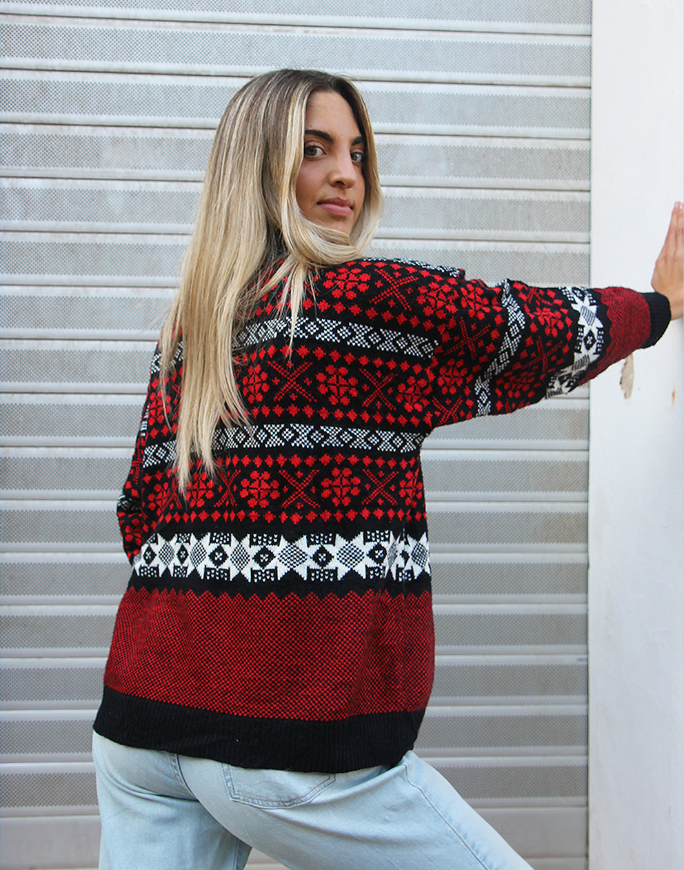 Crew Neck Jumper in Black & Red Fair Isle Print