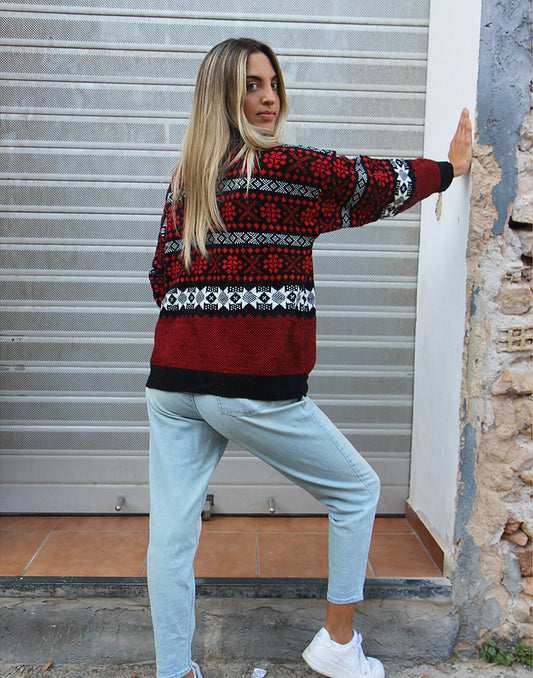 Crew Neck Jumper in Black & Red Fair Isle Print