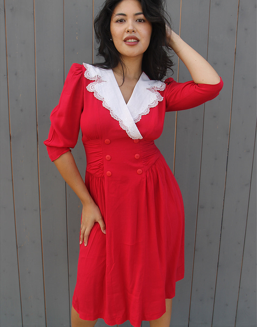 Red Tea Dress | Midi Dress with Sleeves | Red Dress | Lace Collar La Vida Bohemia Red Tea Dress | Midi Dress with Sleeves | Red Dress | Lace Collar La Vida Bohemia