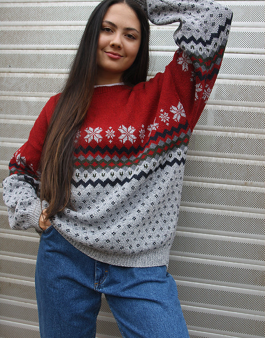 Jersey Fair Isle en gris y rojo