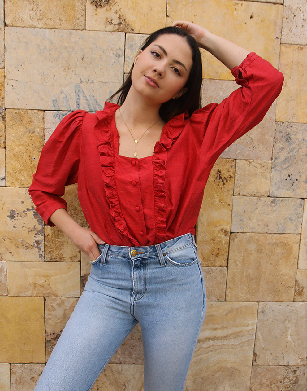 Red Silk Blouse with Ruffle