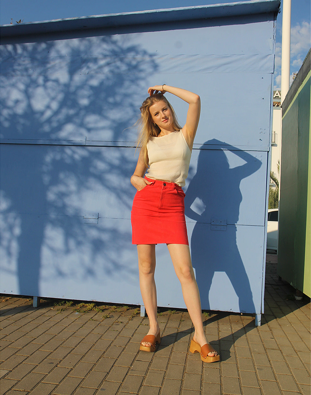 Vintage Red Denim Mini Skirt – Jean Pencil Skirt with Zip Front