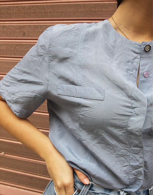 Short Sleeve Silk Blouse in Blue Grey