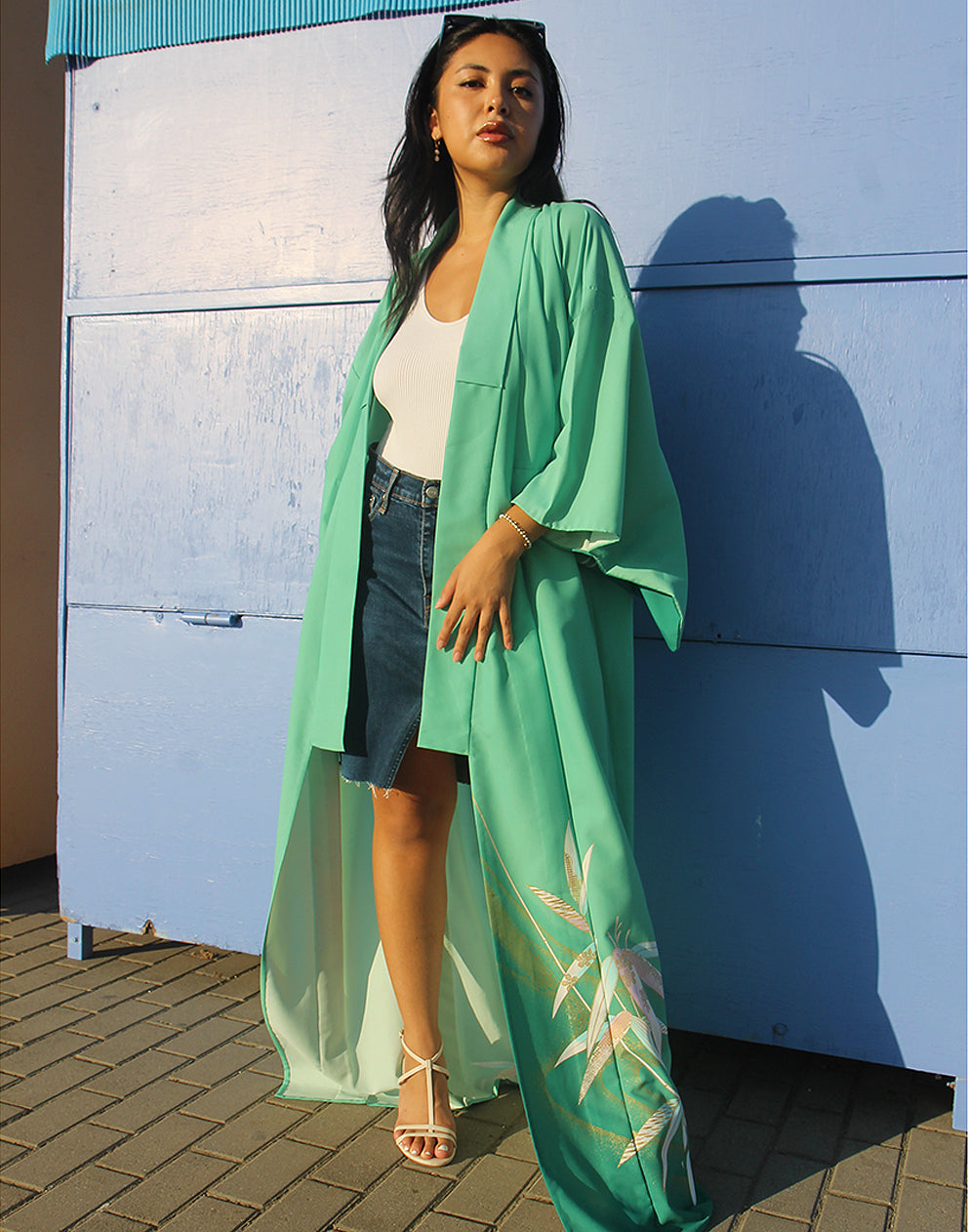 Bata tipo kimono larga en color verde