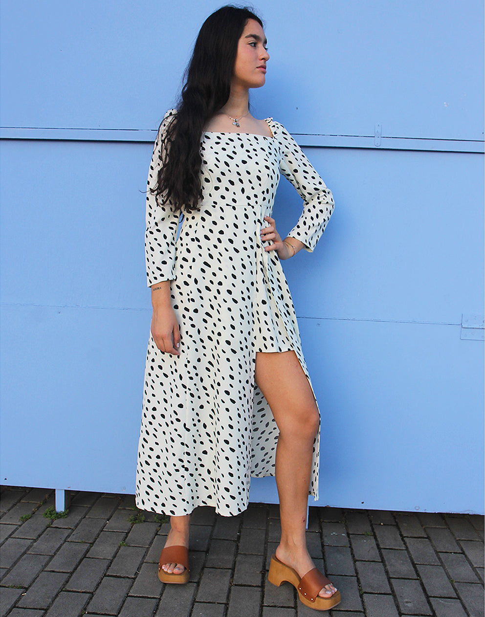 Long Sleeved Cream Dress with Black Dotted Print