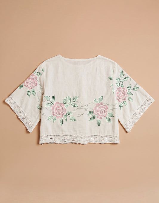 White Floral Short Sleeve Blouse - Cotton - Size EU 40/42