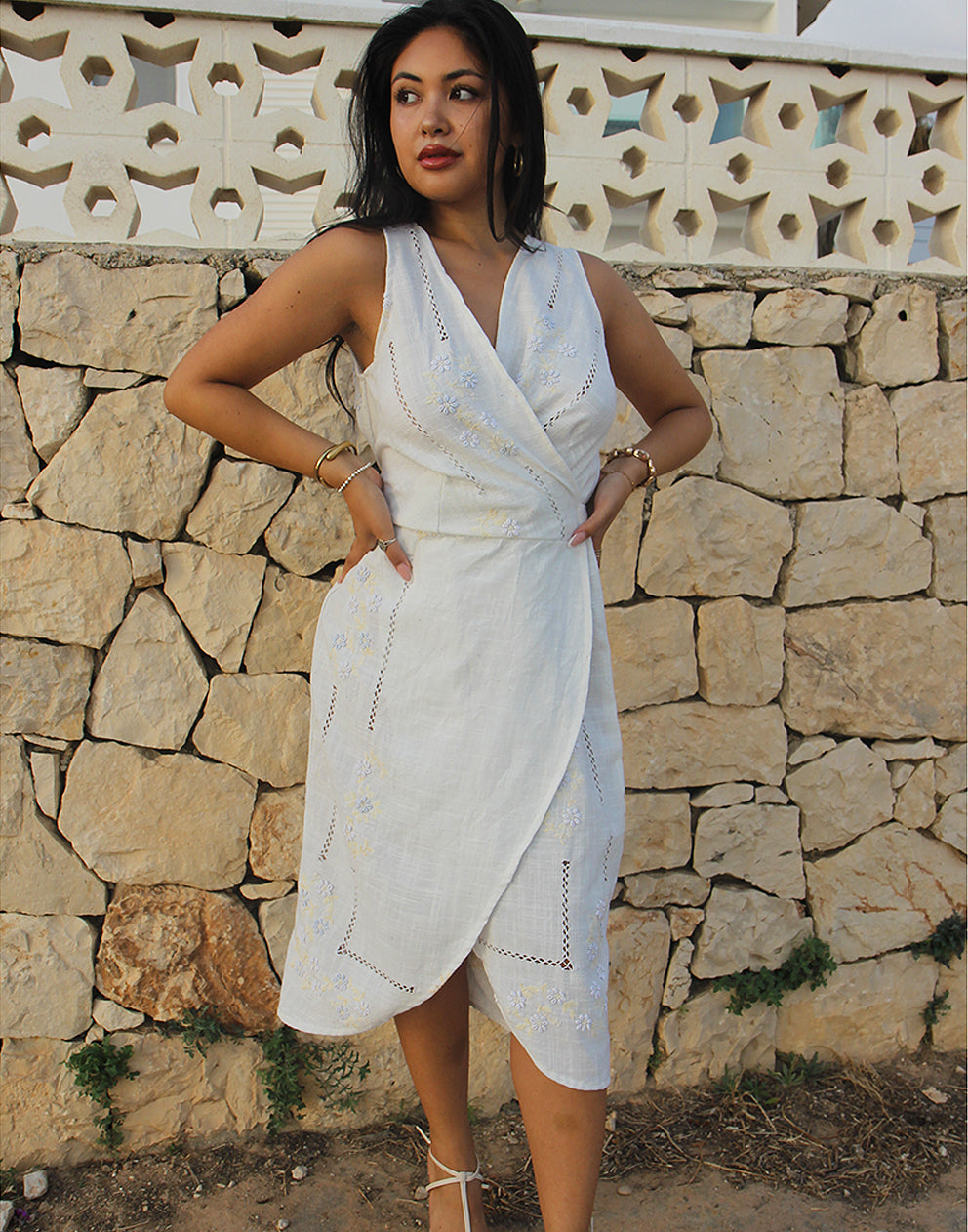 Embroidered Cream Wrap Dress – Summer Dress in Sustainable Style