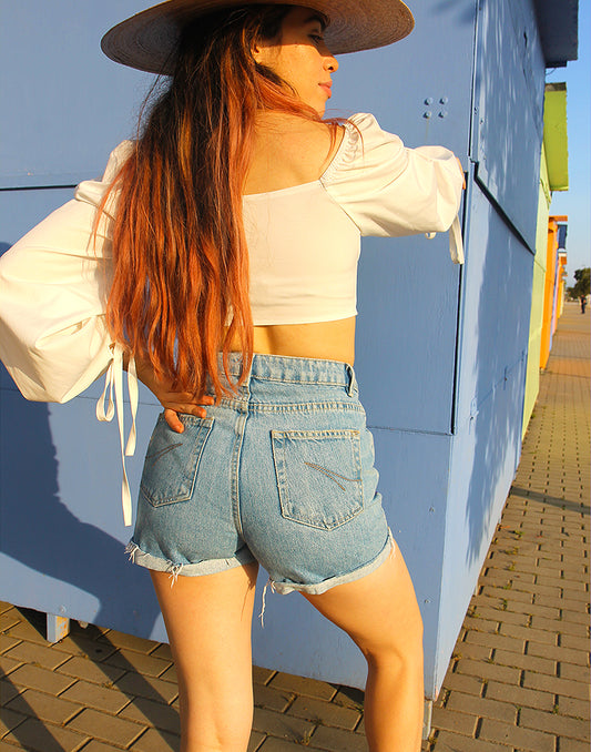 Back Hand Painted Blue Denim 26"(66cm) Waist Shorts