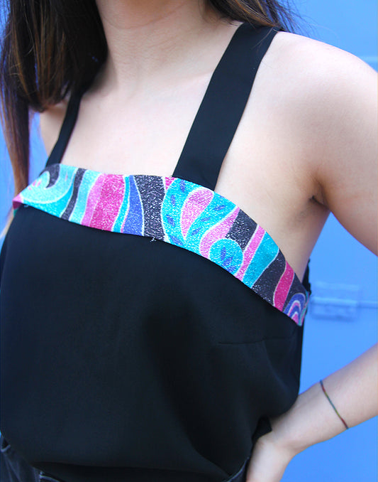 Black Sleeveless Vest Top with Square Neckline and Multi Colour Print Trim