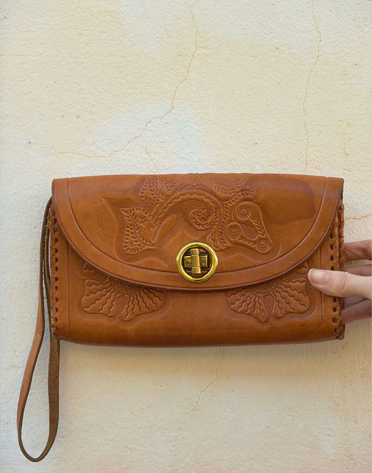 Tan Brown Real Leather Tooled Clutch Bag