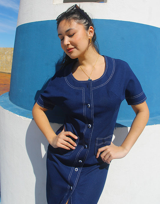 60s Vintage Navy Blue Dress - EU 38/40