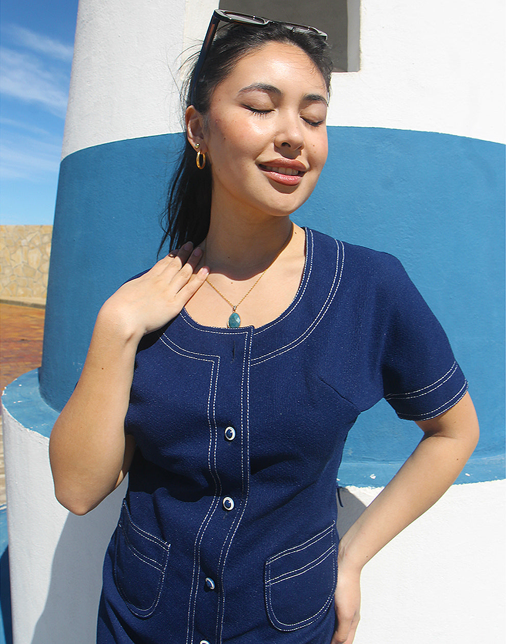 60s Vintage Navy Blue Dress - EU 38/40