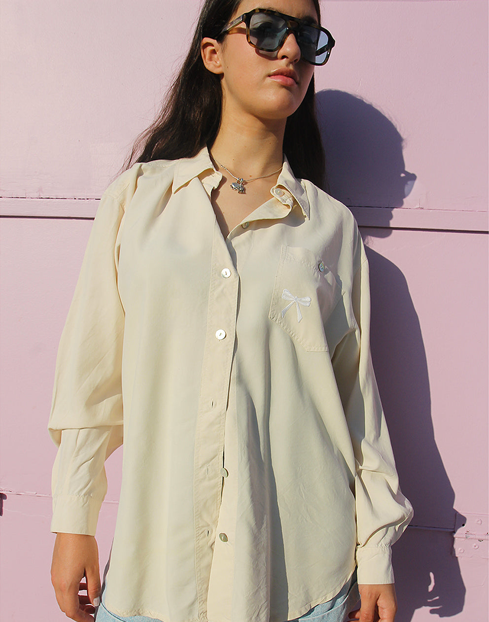 Vintage Beige Long Sleeved Pure Silk Oversized Fit Shirt
