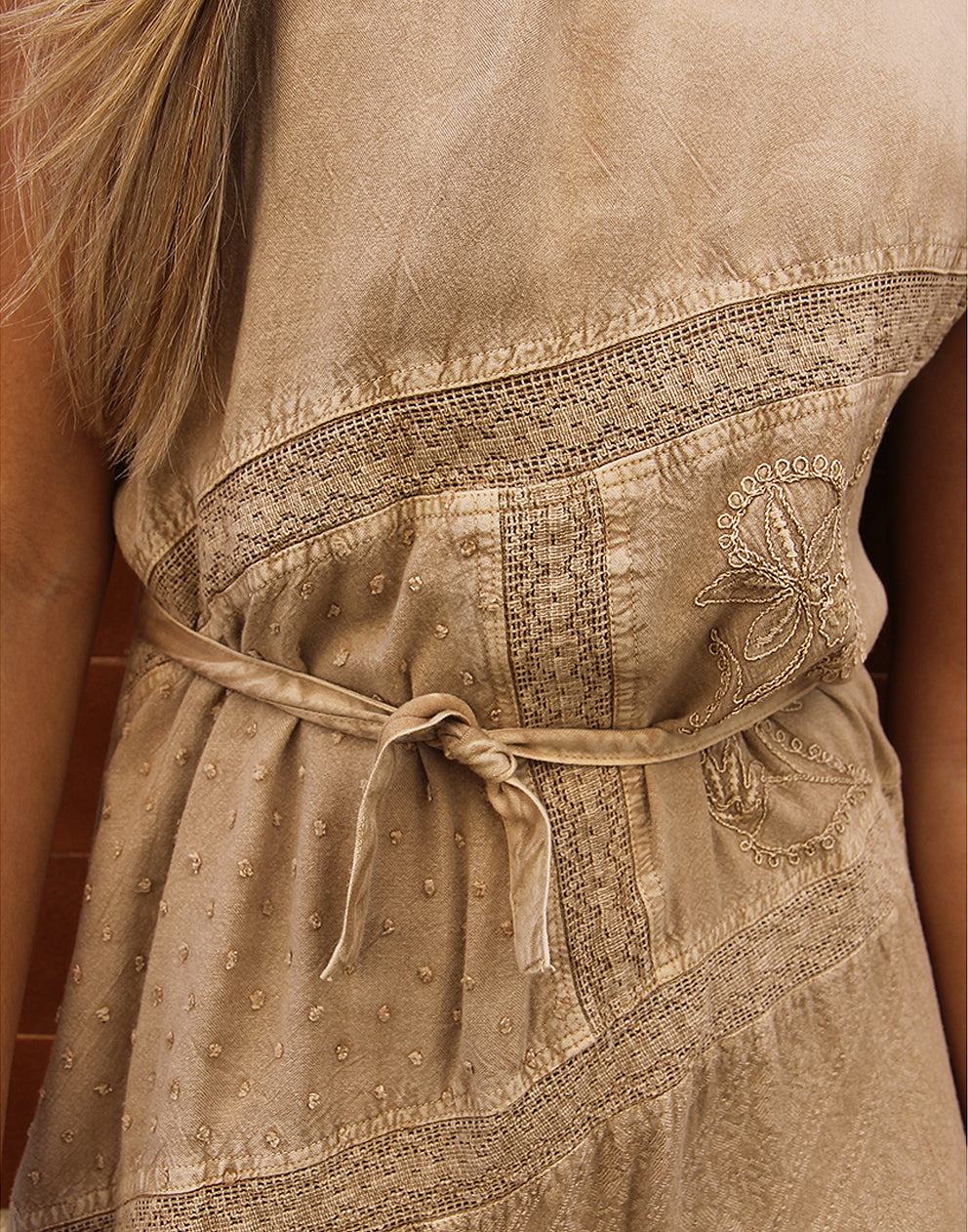 Sleeveless Embroidered Dress in Beige 