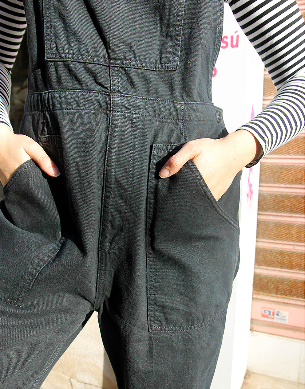 Black Casual Fit Long Dungarees