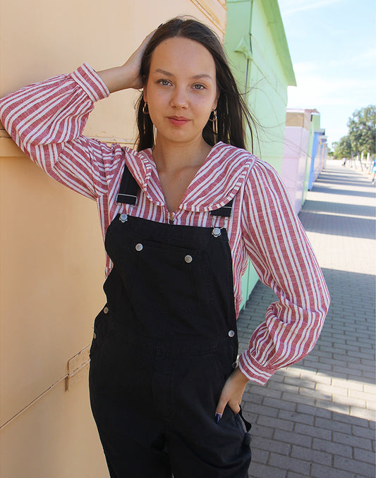 Black denim overalls for women