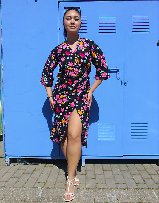 Black Floral Wrap Dress