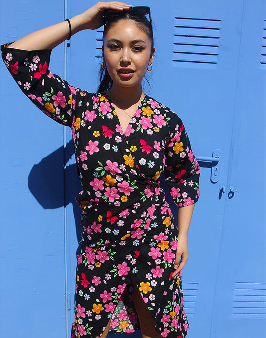 Black Floral Wrap Dress