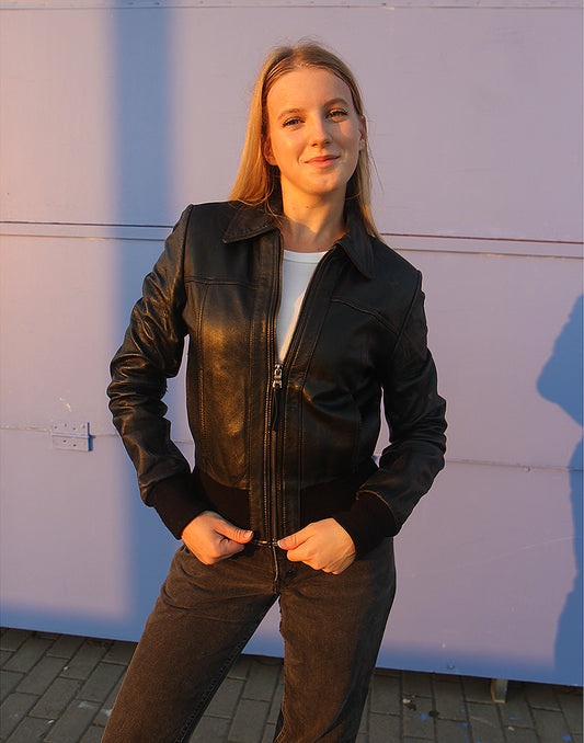 BLACK LEATHER BOMBER JACKET