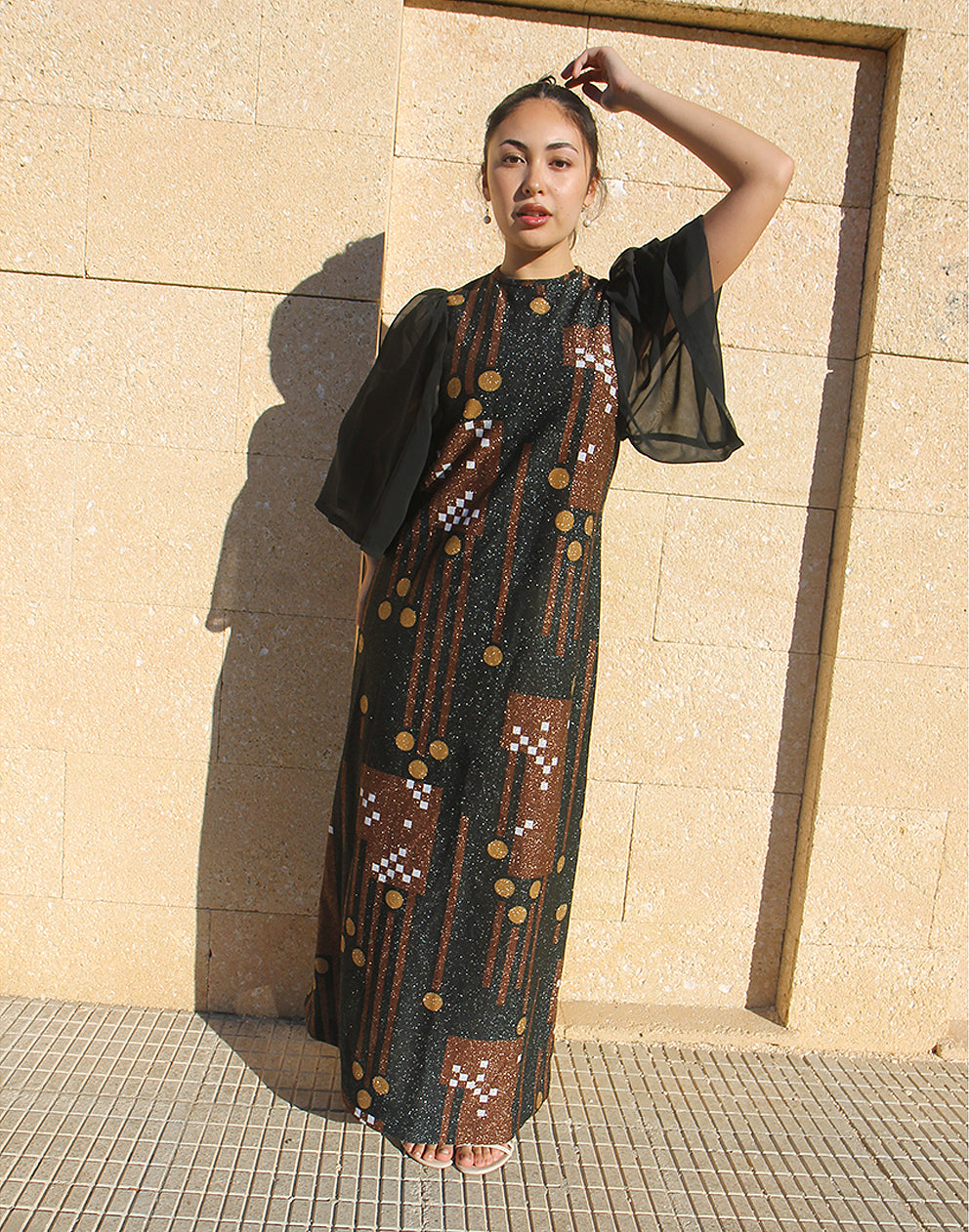 black 70s style dress 70s Brown Black Chenille Crocheted Vintage Maxi Dress