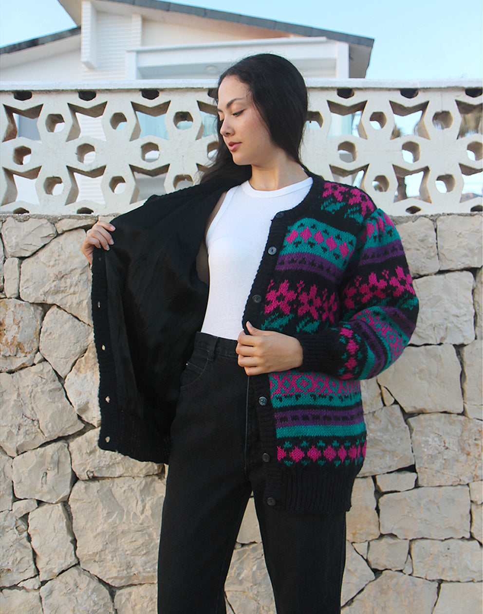 Black Cardigan with Multi Colour Print