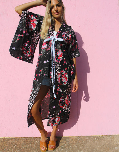 Kimono in Black & Pink Floral Print
