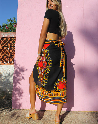 Black Wrap Skirt with Abstract Print