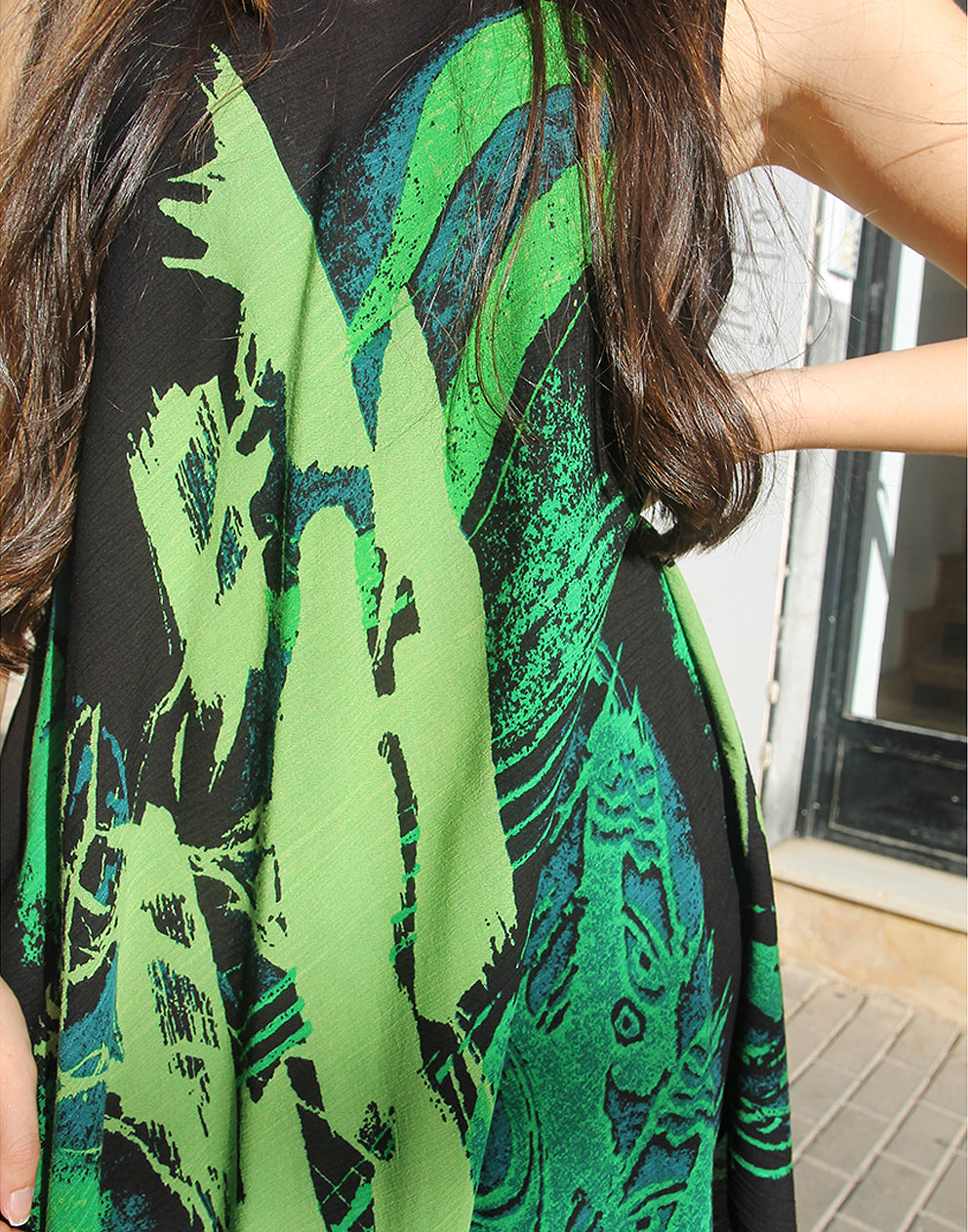 Printed Trapeze Dress in Black & Green