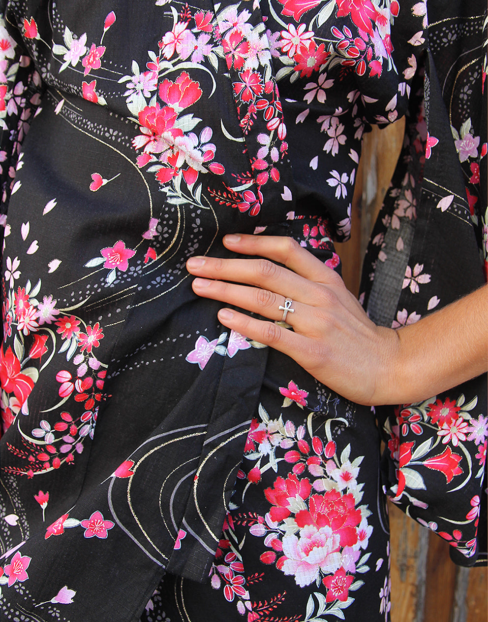 Wrap Dress in Black and Pink Floral Print