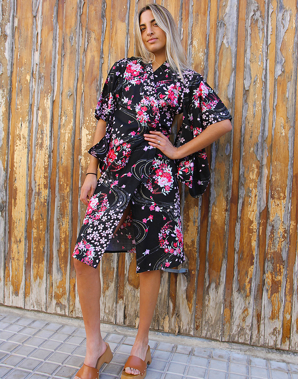 Wrap Dress in Black and Pink Floral Print