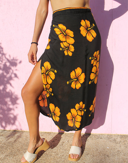 Long Wrap Skirt in Black & Orange Floral Print