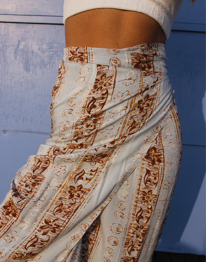 Vintage 90's Pale Blue & Brown Floral Print Midi Wrap Skirt