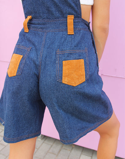 Denim Dungaree Shorts with Suede Details