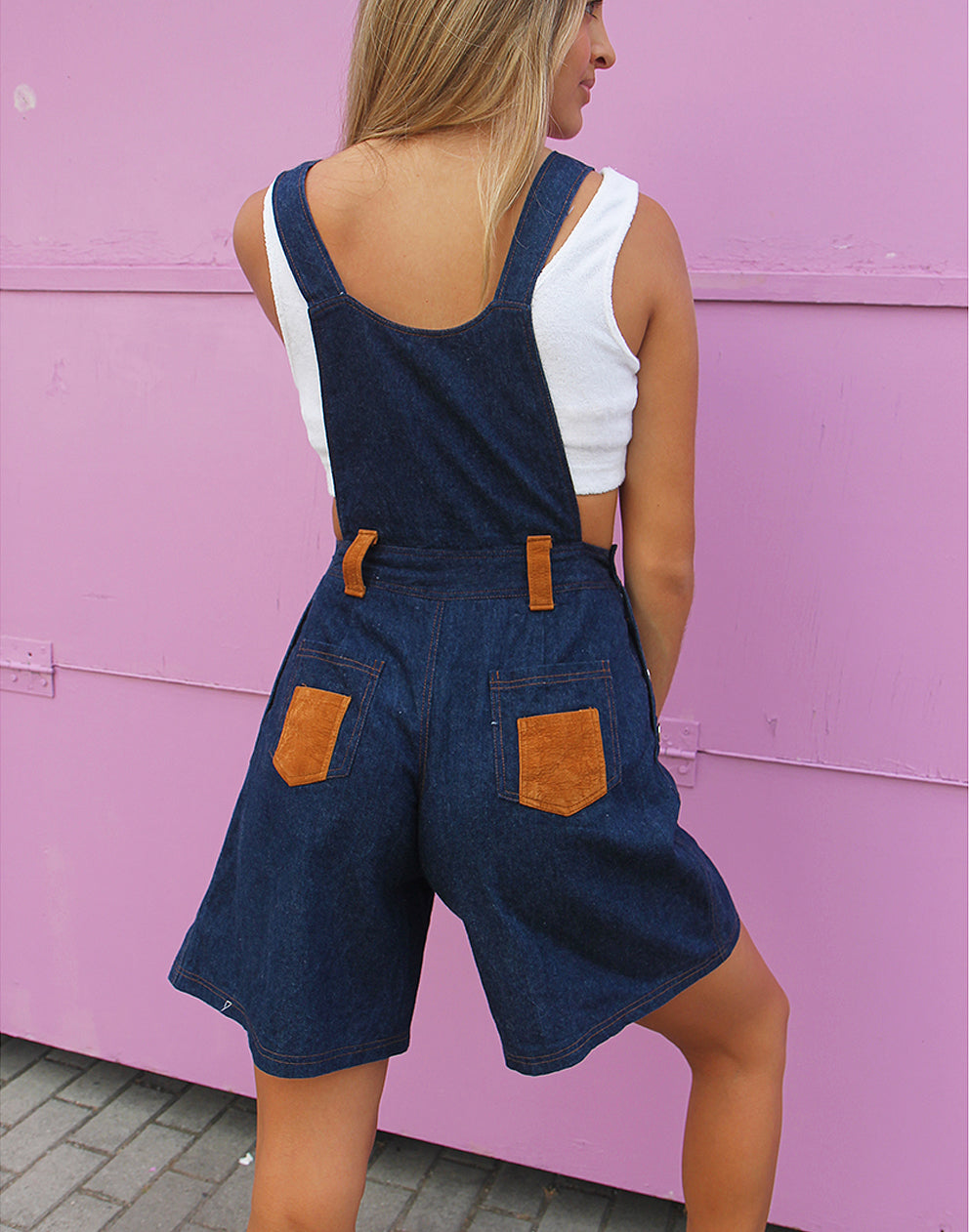 Denim Dungaree Shorts with Suede Details